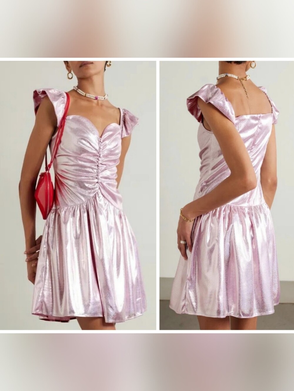 NWOT Batsheva Wendy Ruched Holographic Lamé Mini Dress In Baby Pink